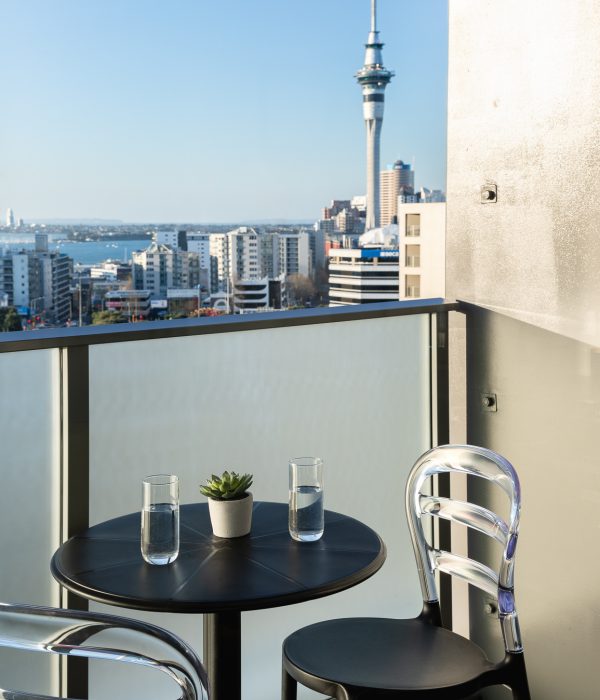 View of Auckland's SkyTower from Haka Hotel Suites balcony